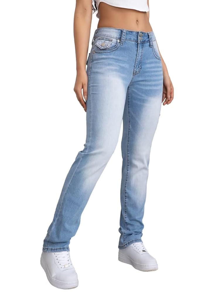 Double Waist Boots Cut Denim Mid Blue　S Petite Skyrise 